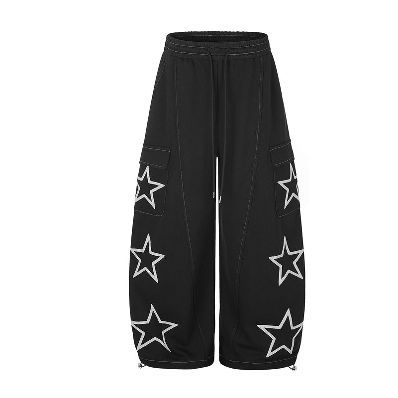 Pantalon cargo de survêtement baggy brodé d’étoiles – Pantalon à jambes larges et cordon