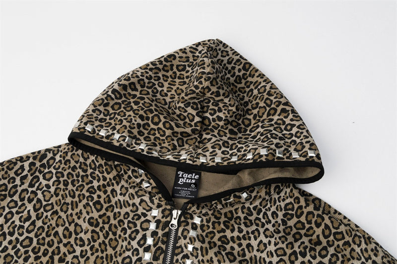 Leopard Print Zip-Up Hoodie with Studded Rhinestone Detail