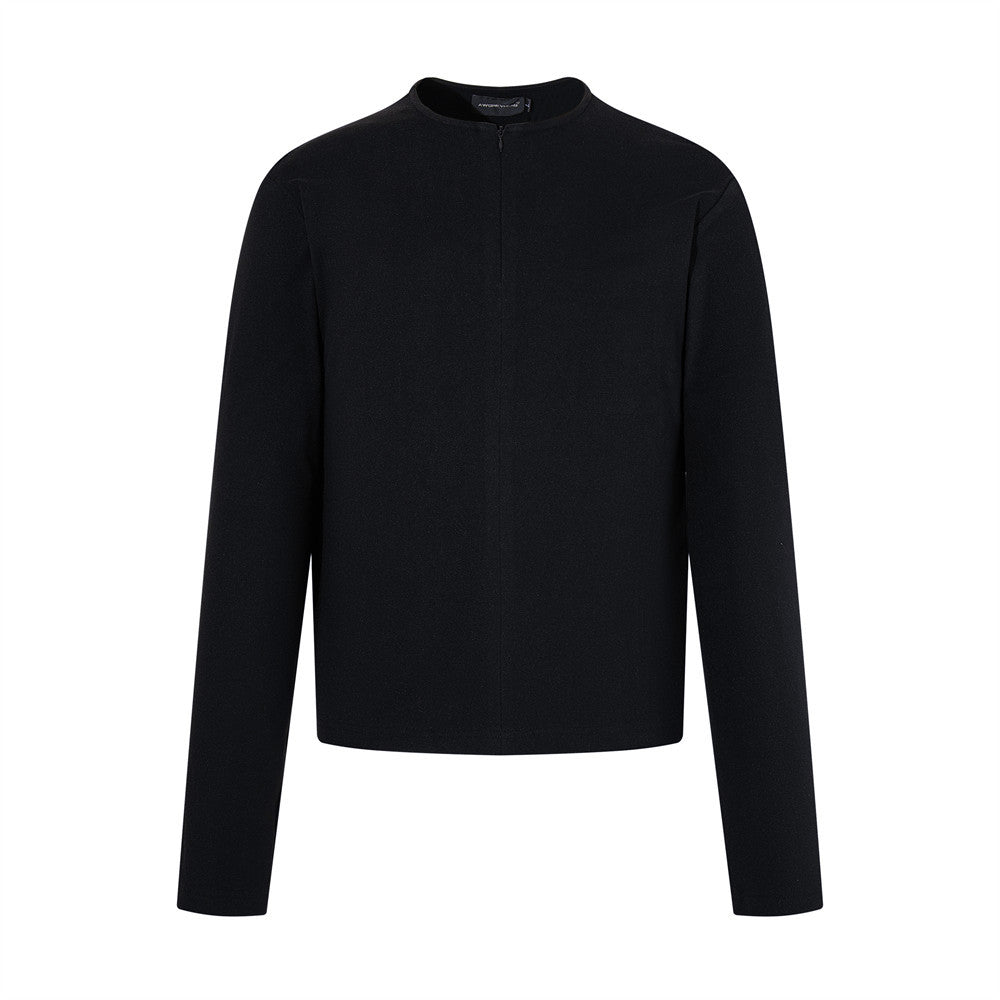 Men's slim-fit mock neck long-sleeve top with hidden zip in black and slate blue
