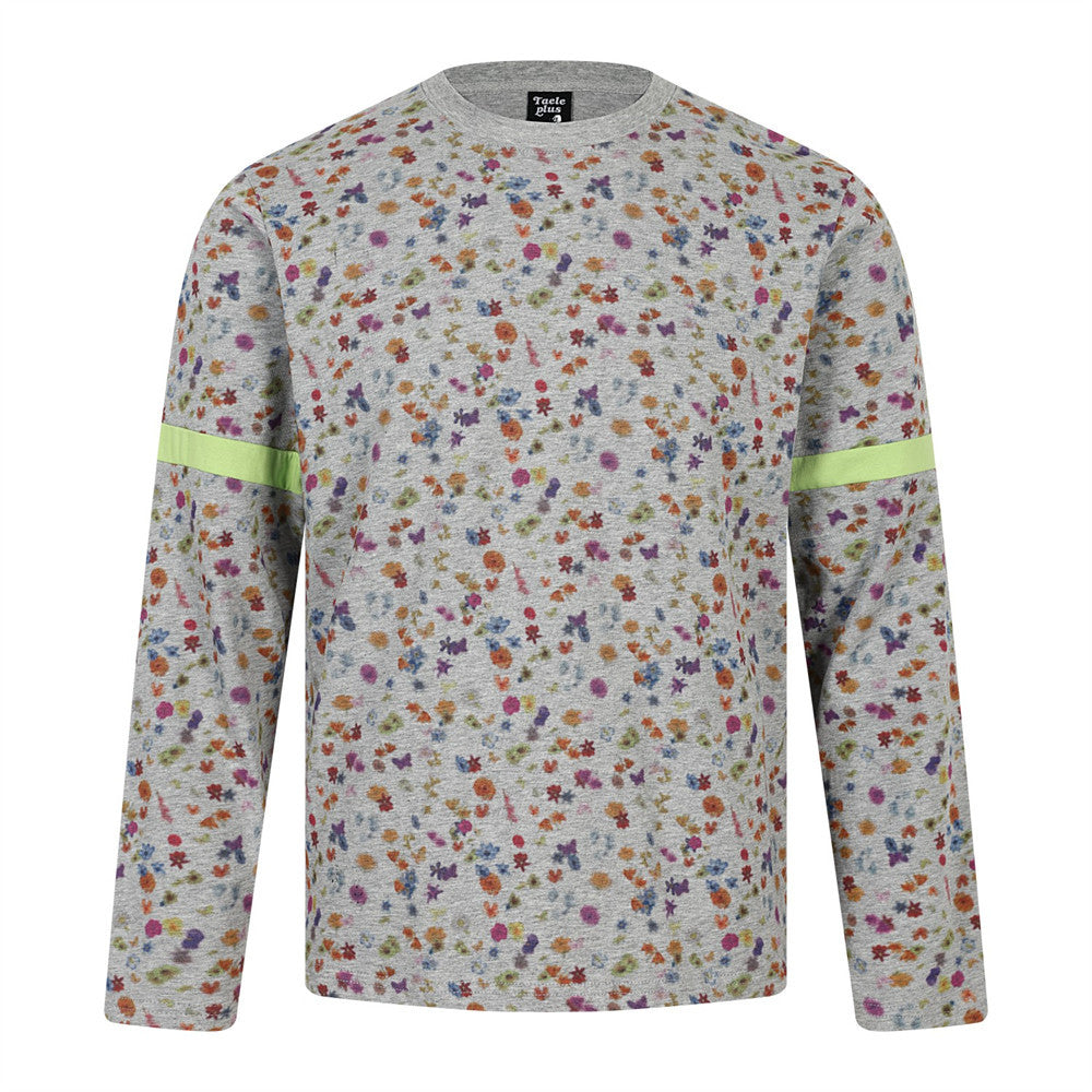 Men's heathered grey allover floral digital print long-sleeve crew neck tee with neon yellow-green sleeve stripe, front view