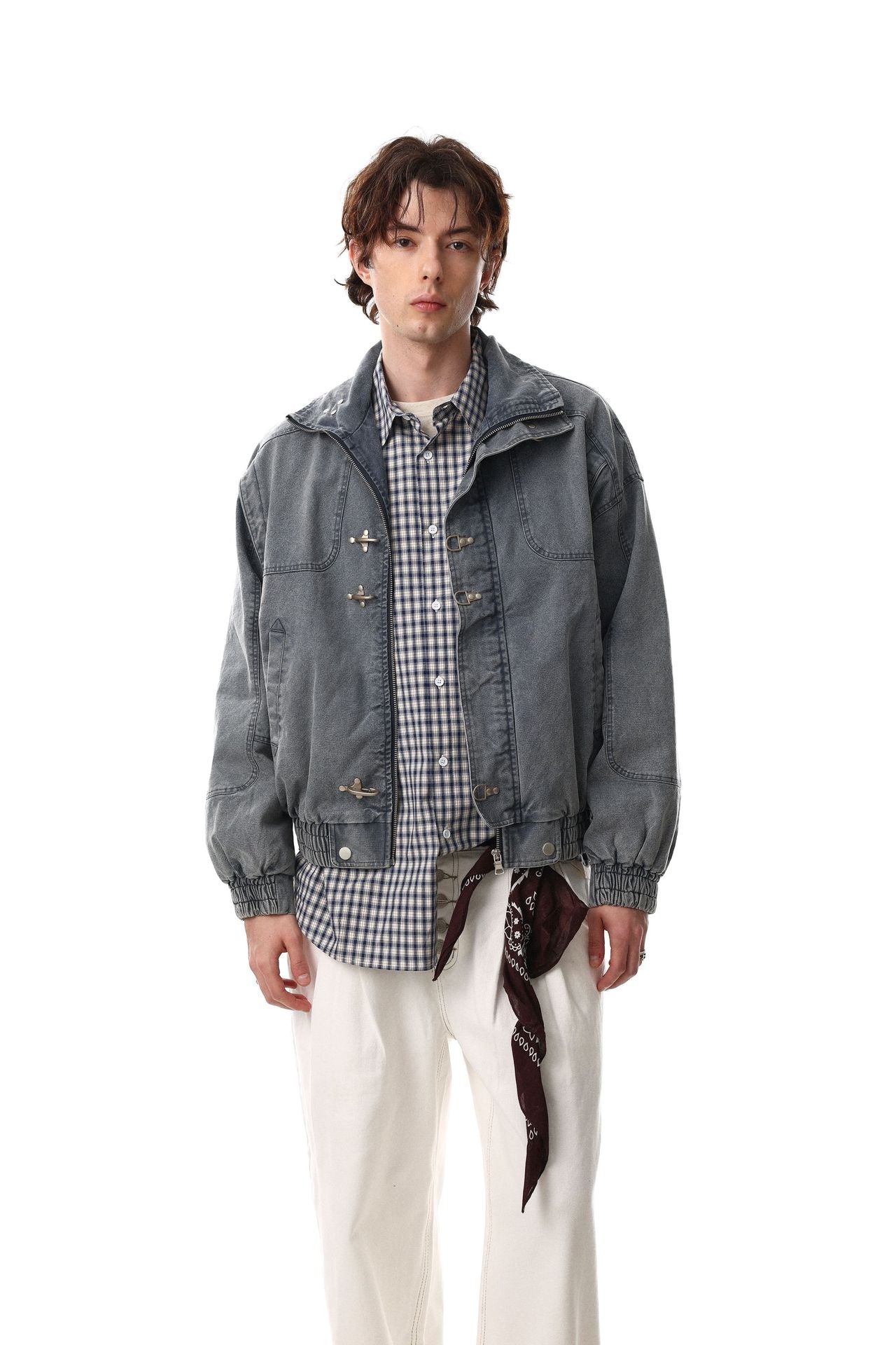 Veste Harrington en denim délavé avec fermoirs métalliques – Gris délavé à l'acide