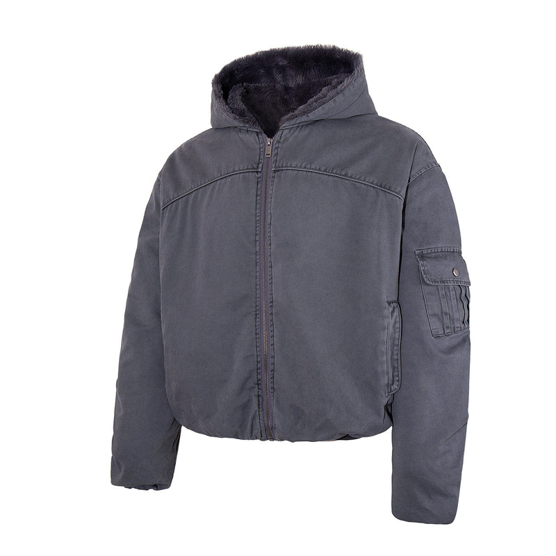Hooded Puffer Jacket with Faux Fur Lining & Ruched Sleeves – Washed Grey