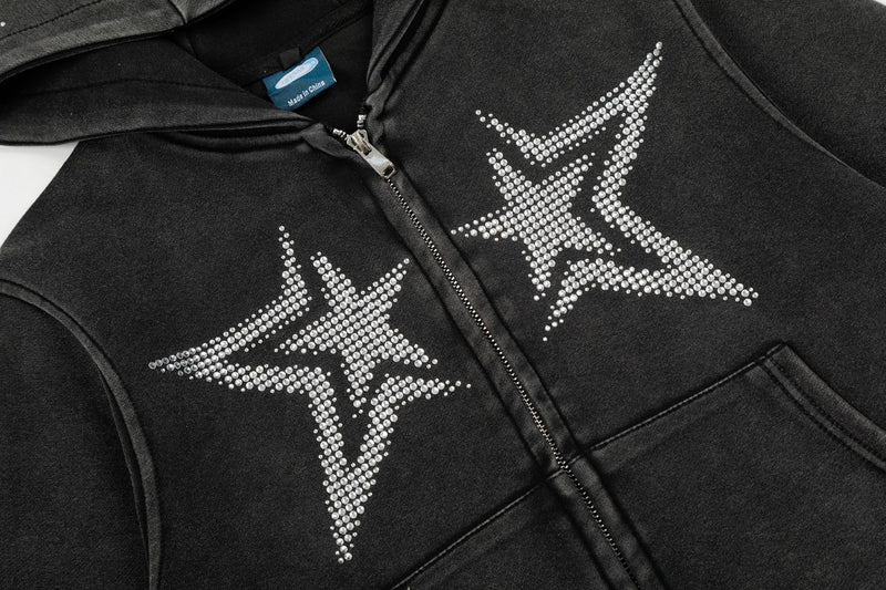 Sweat à capuche zippé Y2K délavé à l’acide avec étoiles doubles en strass – Coupe courte