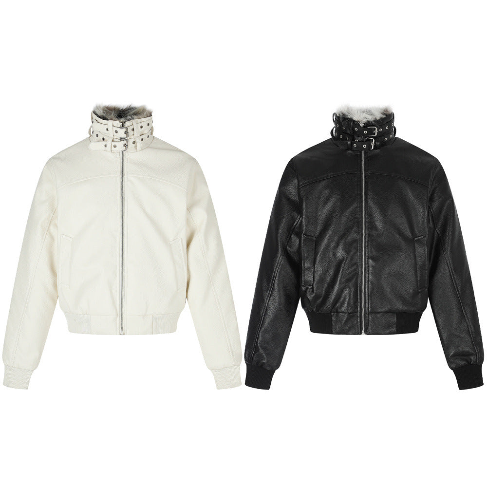 PU Leather Bomber Jacket with Faux Fur Collar & Buckle Strap Stand Neck