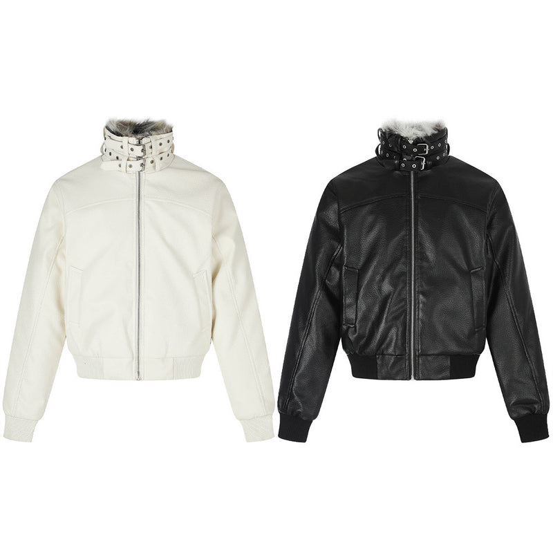 PU Leather Bomber Jacket with Faux Fur Collar & Buckle Strap Stand Neck
