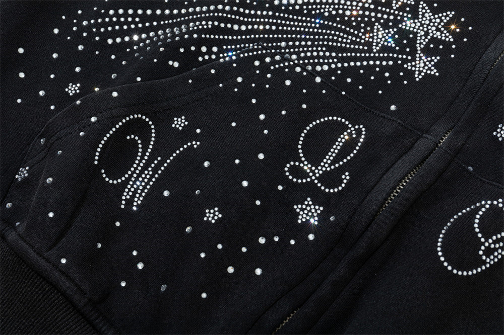 Sweat à capuche zippé avec étoile filante en strass – Streetwear oversize à double zip