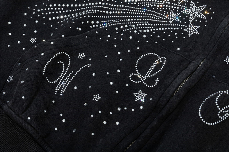 Sweat à capuche zippé avec étoile filante en strass – Streetwear oversize à double zip