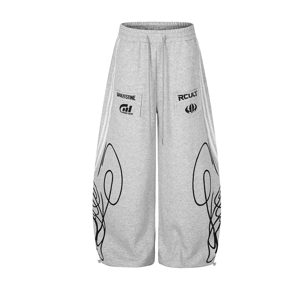 Streetwear-Jogginghose mit weitem Bein, Grafikprint & Seitenstreifen