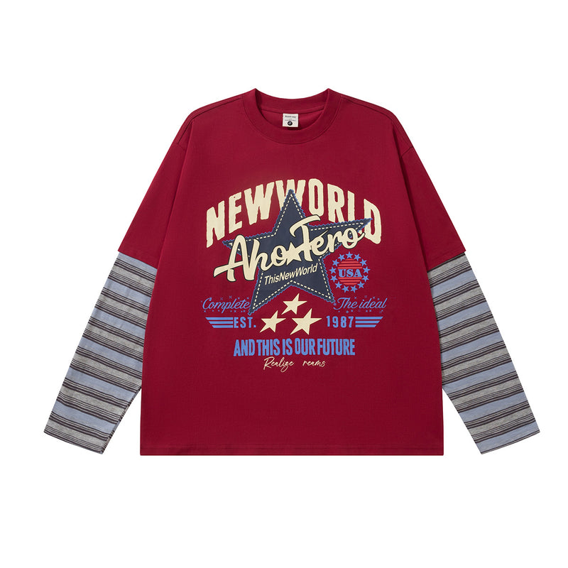 ニューワールド レトロ グラフィック長袖Tシャツ フェイクレイヤード ストライプスリーブ