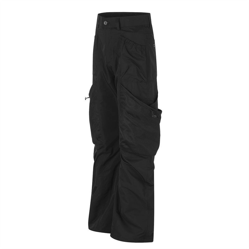 Men's Black Cargo Utility Pants with Mesh Panels & Wide-Leg Silhouette