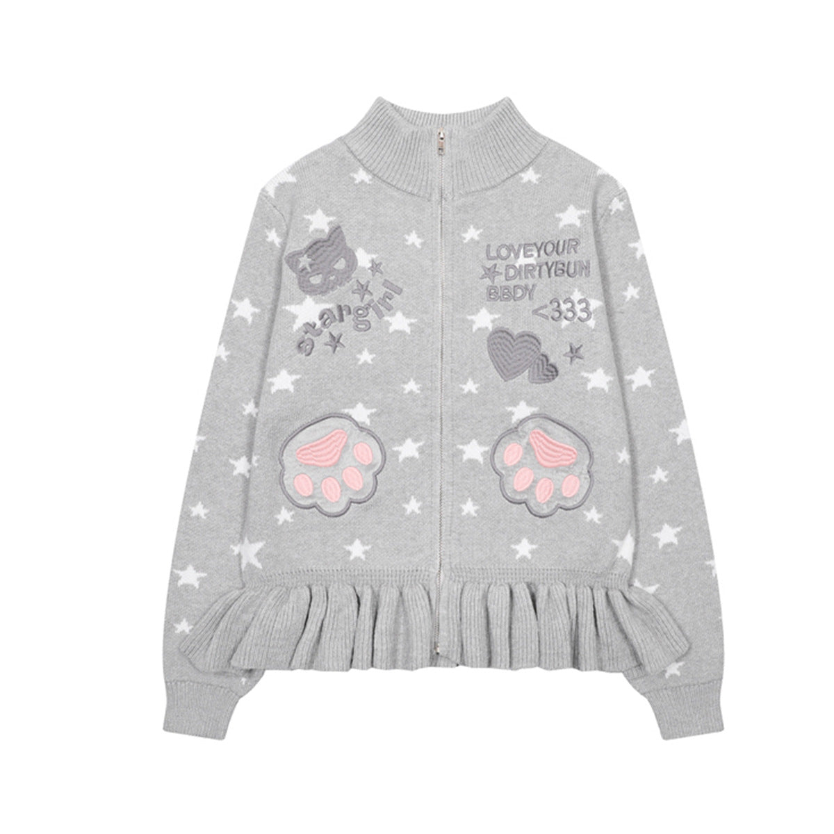 Grey star print zip-up knit cardigan with cat paw embroidery and ruffle hem, front and back view