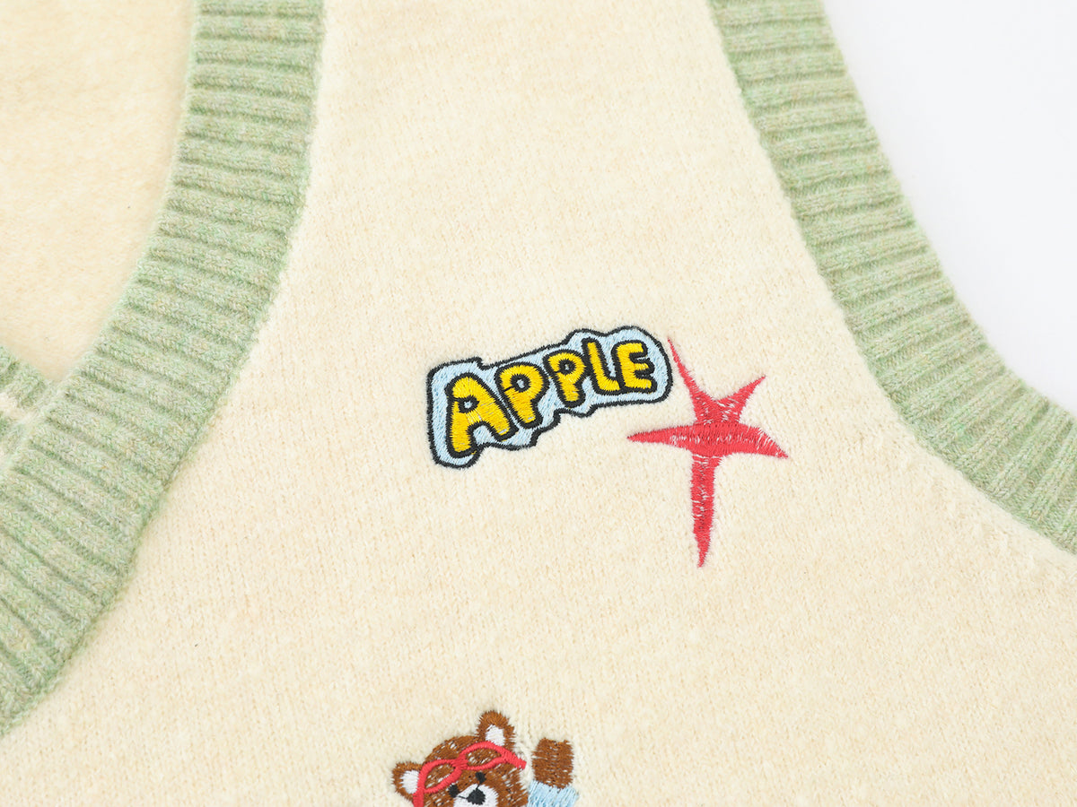Cartoon Embroidered Knit Sweater Vest – V-Neck Colorblock College Style