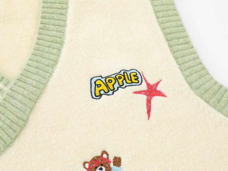 Cartoon Embroidered Knit Sweater Vest – V-Neck Colorblock College Style