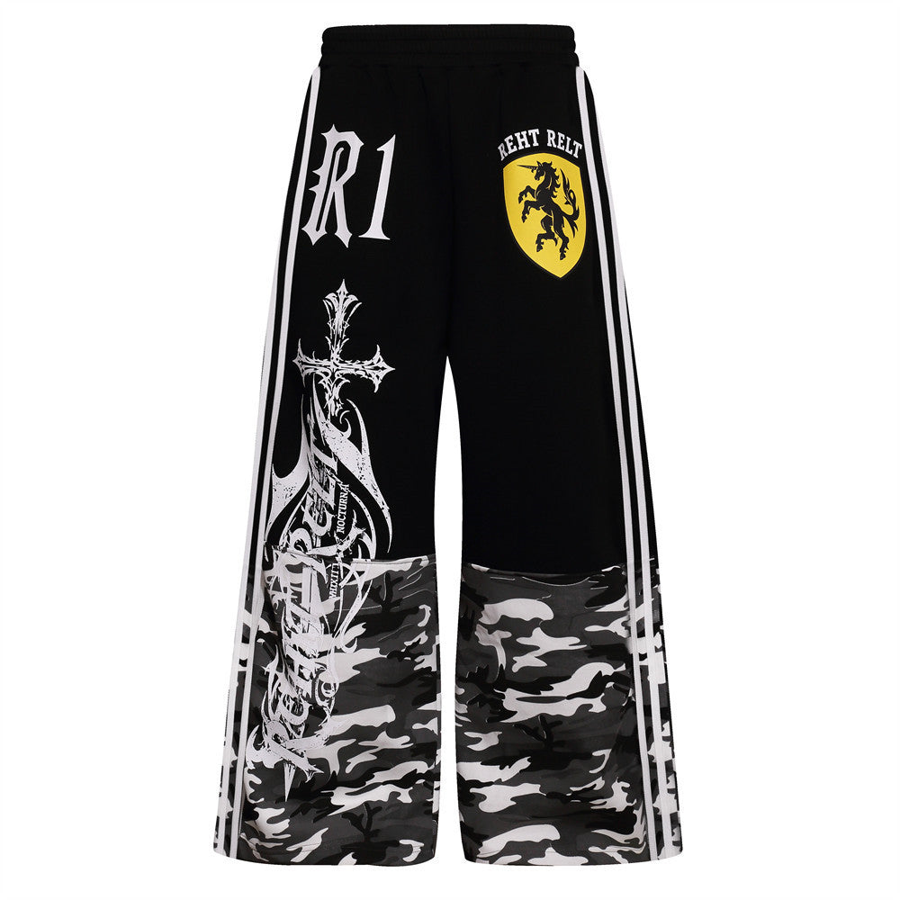 Men's Wide-Leg Track Pants with Camo Print, Cross Graphic & Side Stripes