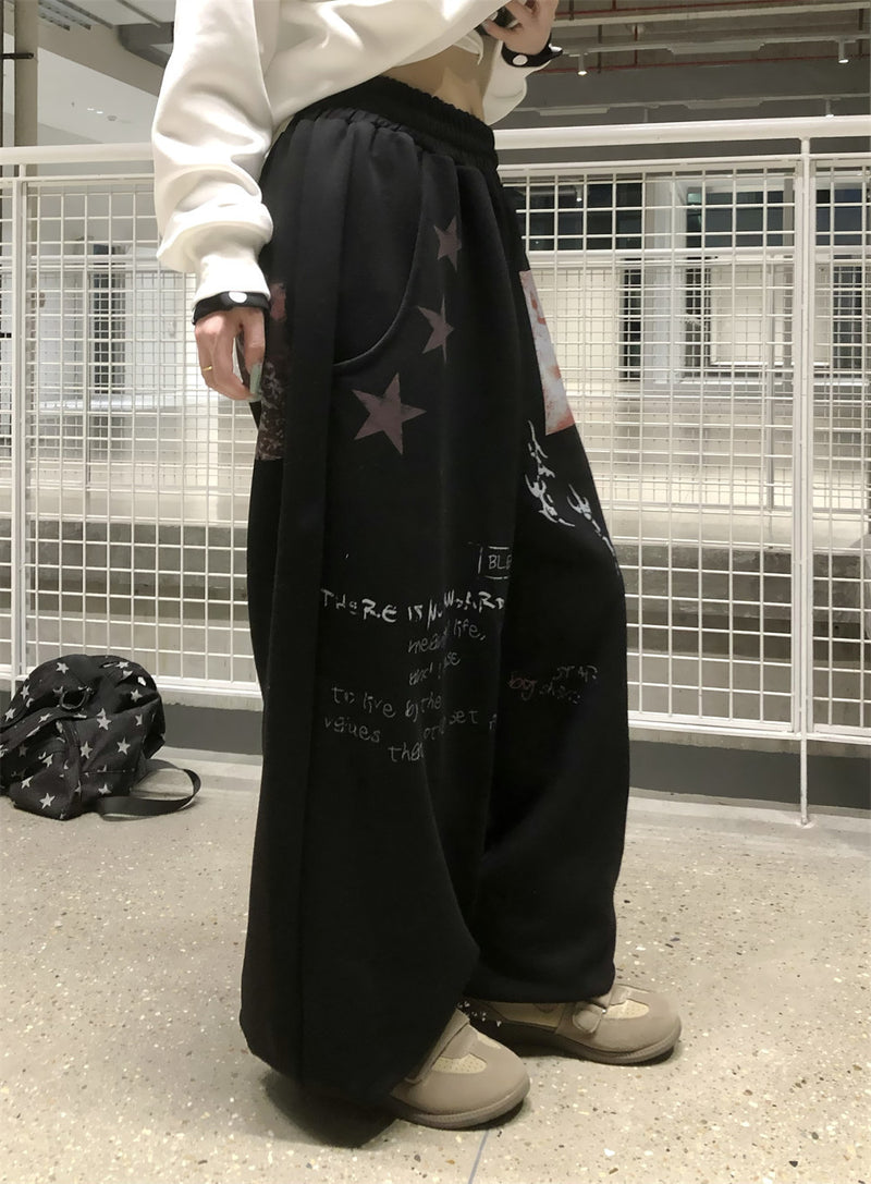 Sweatpants Men Black Wide-Leg Star & Graphic Print Hip-Hop Joggers
