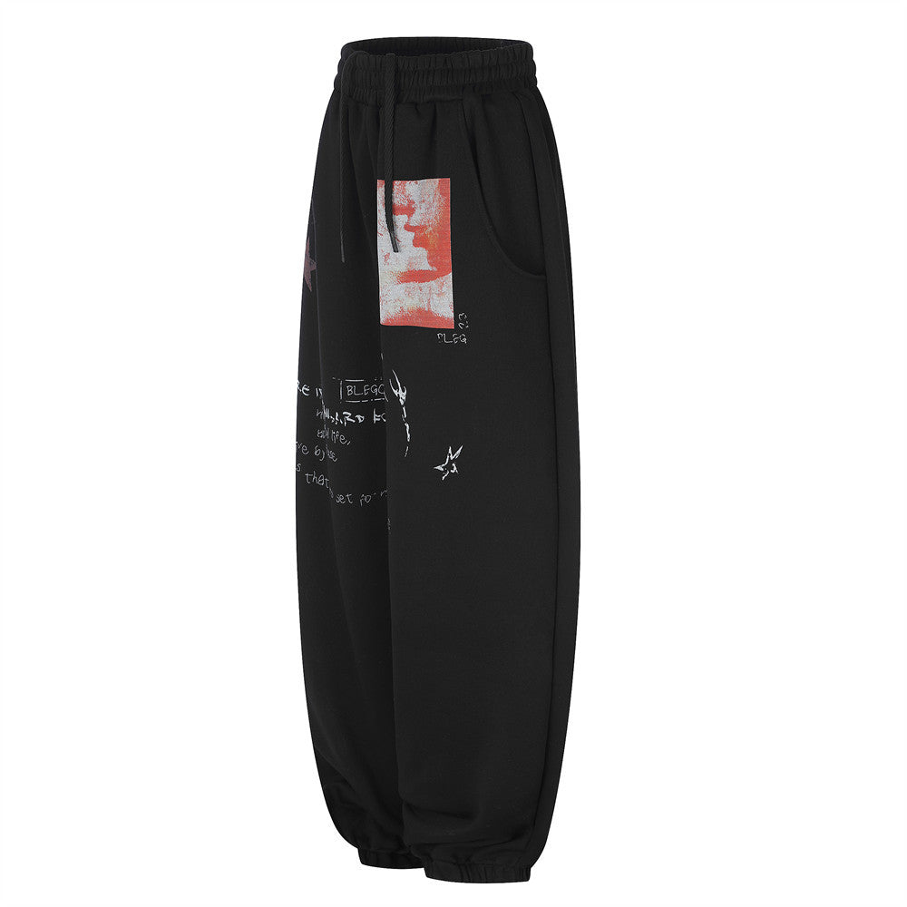 Sweatpants Men Black Wide-Leg Star & Graphic Print Hip-Hop Joggers