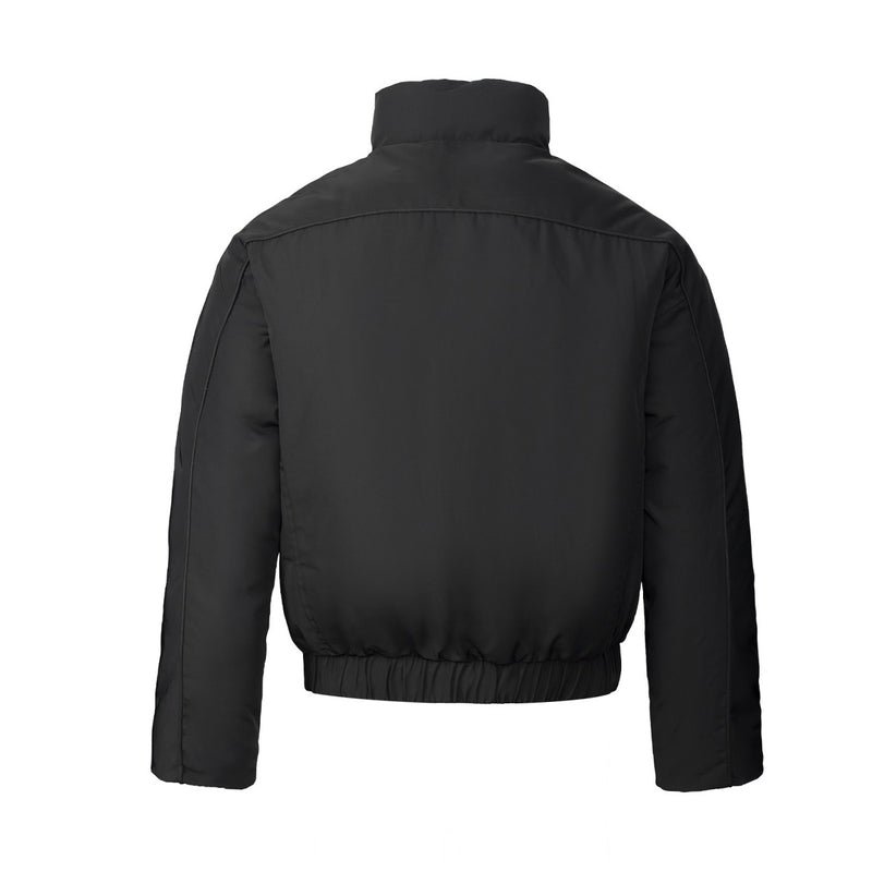 Men's Cropped Puffer Bomber Jacket – Stand Collar, Geometric Seam Detail