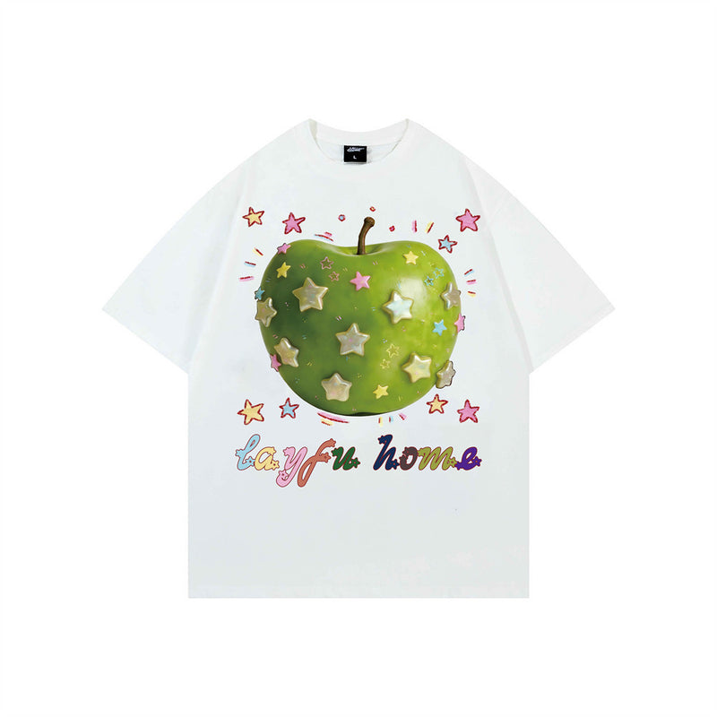 Camiseta de cuello redondo para mujer con gráfico 3D de estrella y manzana, manga corta