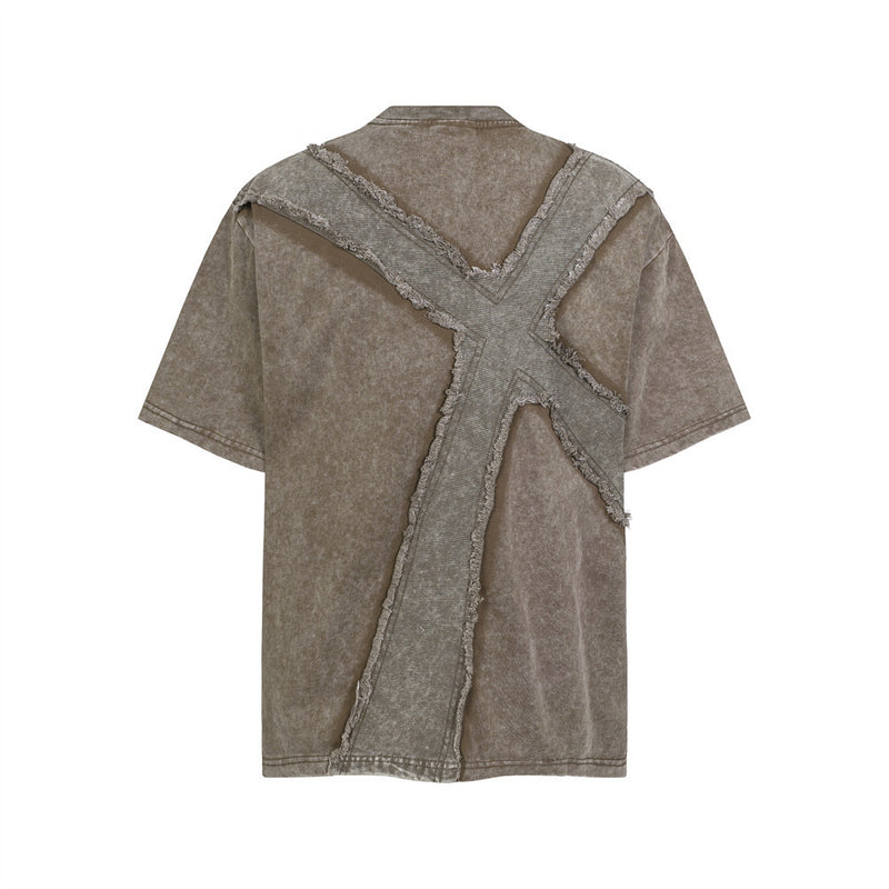 Men's Oversized Washed Cotton Tee with Frayed Cross Patchwork Design