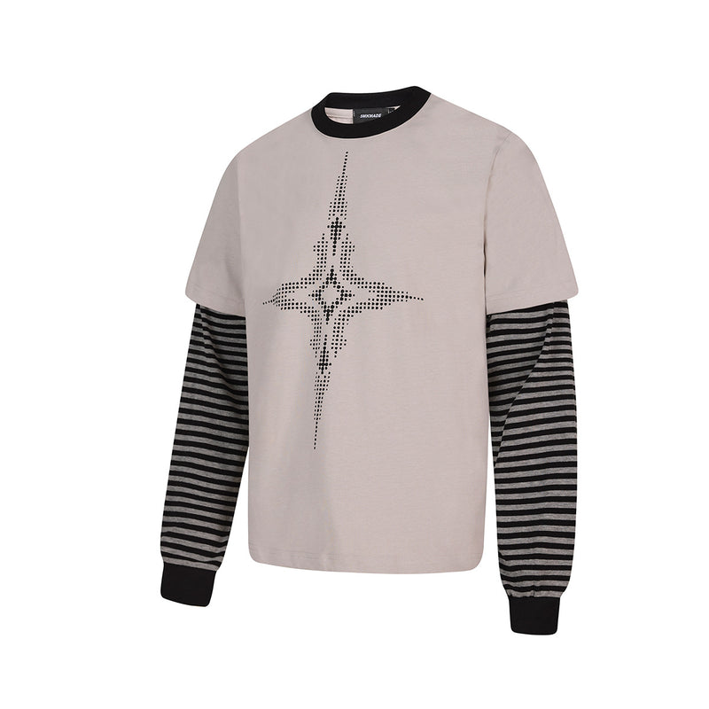 Faux Two-Piece Long Sleeve T-Shirt with Star Graphic & Striped Sleeves
