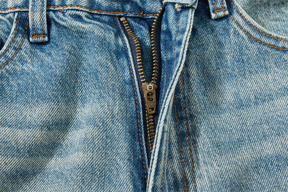 Men's Straight Fit Jeans Baggy Wide-Leg Washed Vintage Light Blue Denim