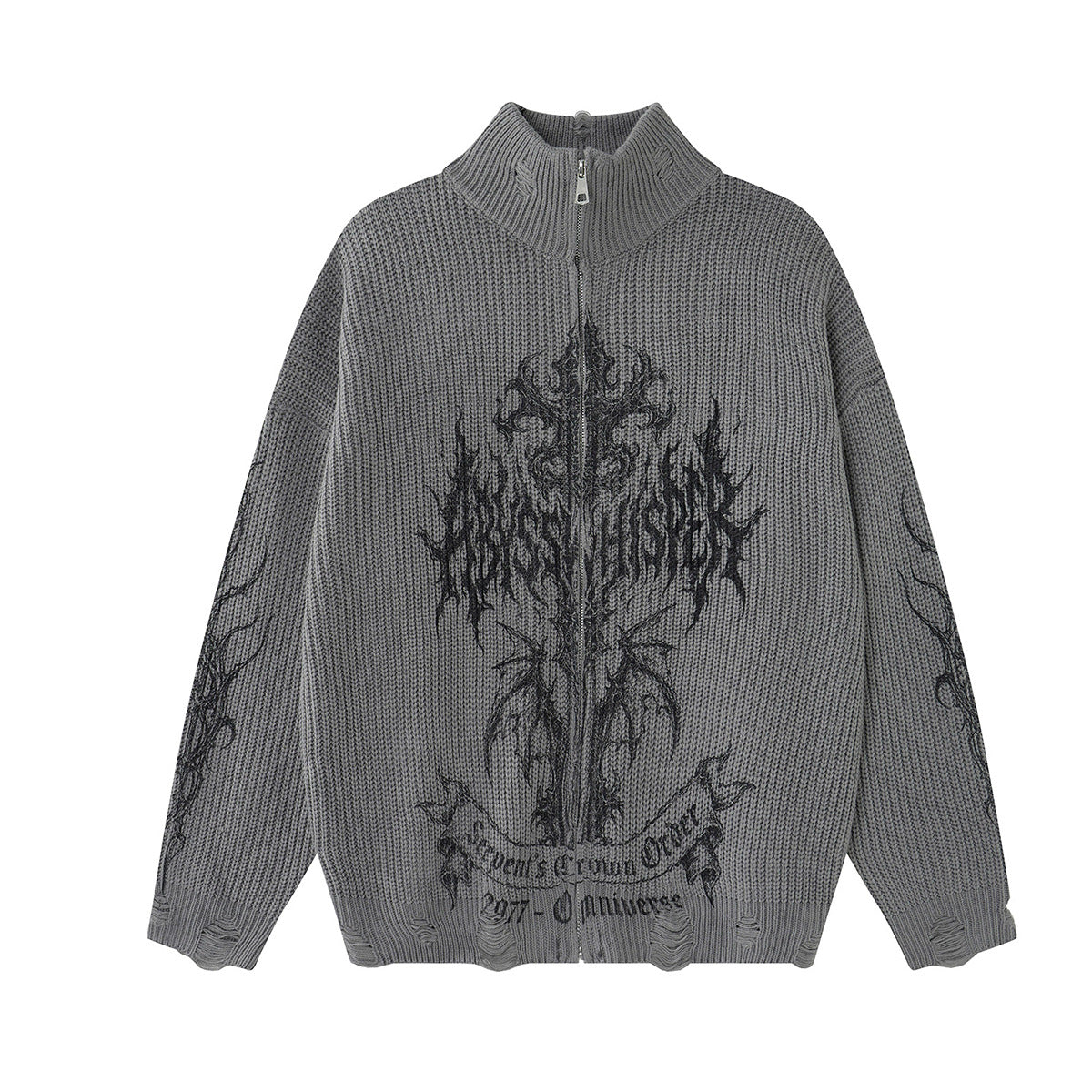 Pull oversize Abyss Whisper à col roulé zippé, en maille côtelée brodée gothique gris délavé, avec croix punk sombre et lettrage blackletter