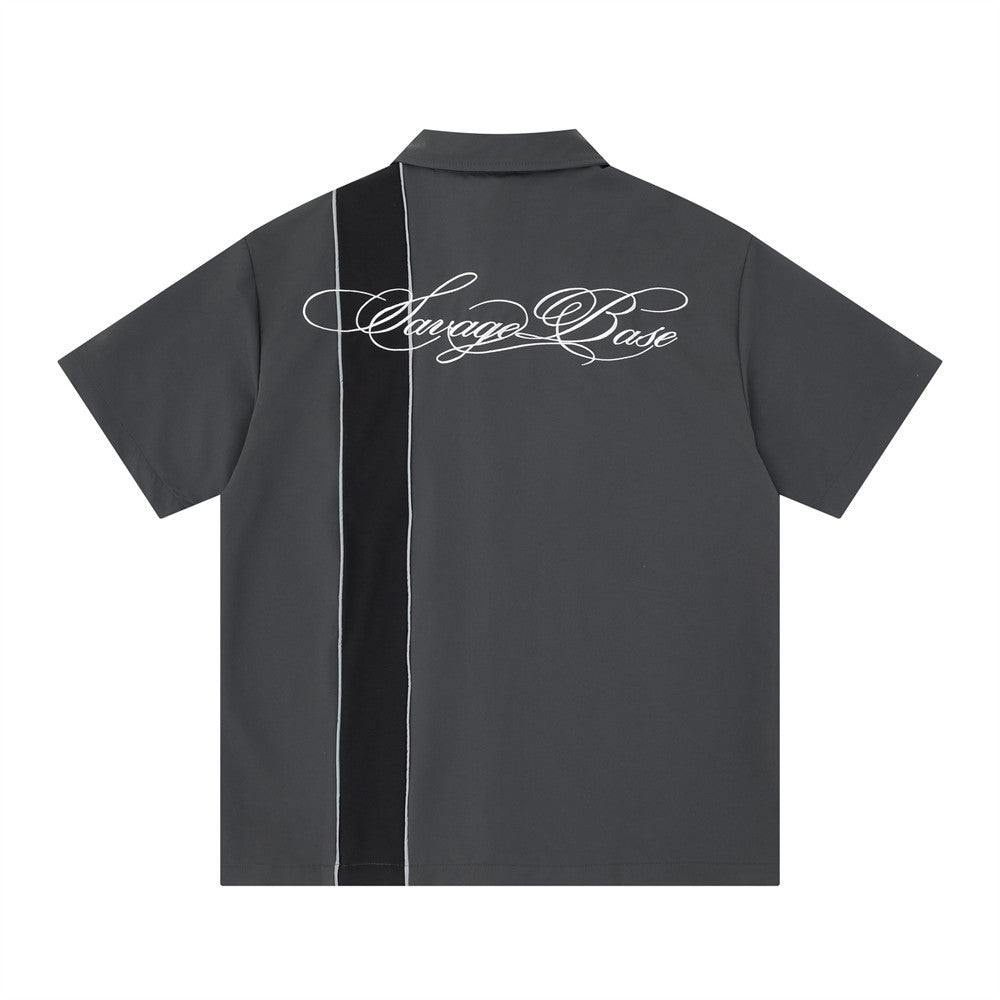 Savage Base Colorblock Bowling Shirt – Short Sleeve Button-Up with Script Logo
