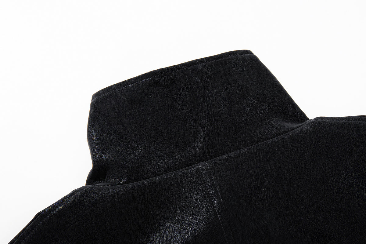 Oversized Black Leather Jacket Faux PU Bomber with High Collar