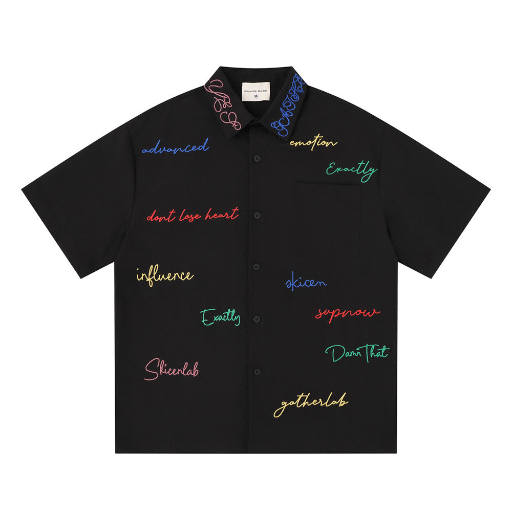Men's black short-sleeve button-down shirt with multicolor graffiti script embroidery on front and collar
