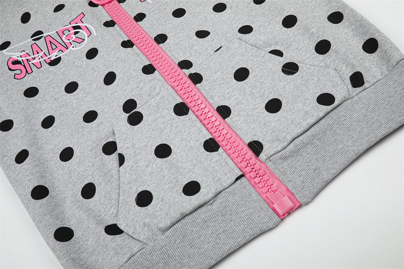 Polka Dot Zip-Up Hoodie with Embroidered Graphic – Cropped Streetwear Sweatshirt