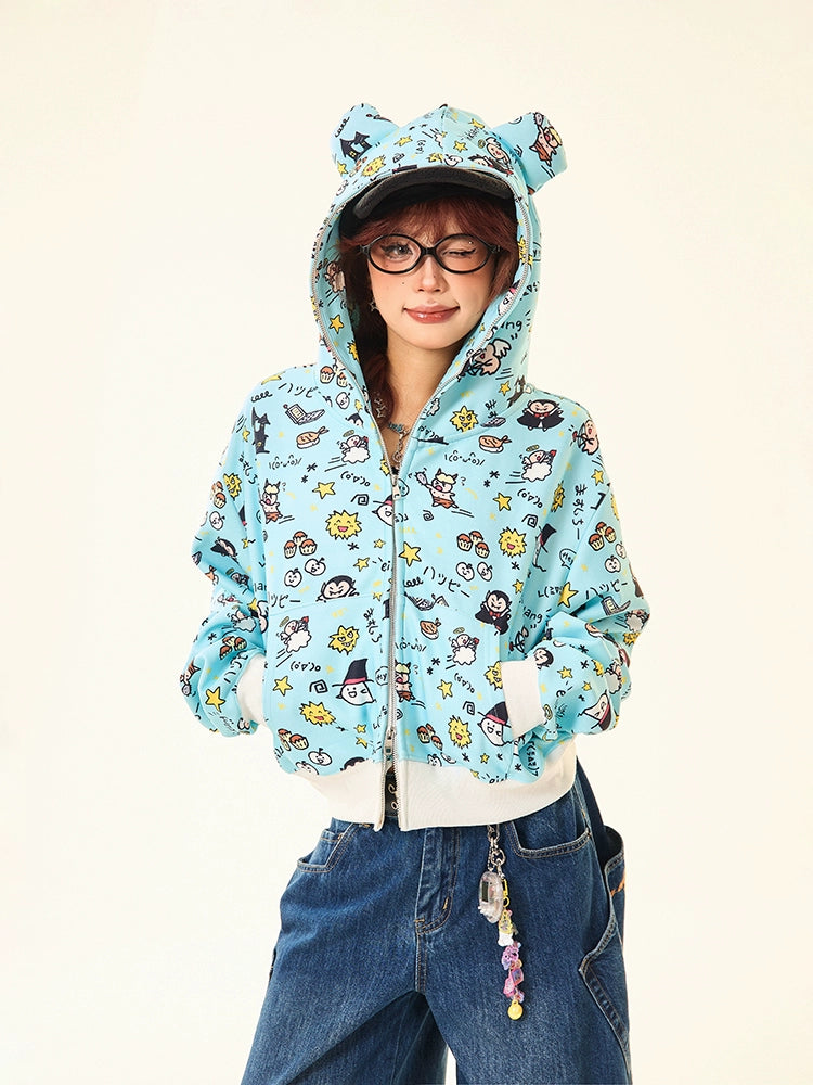 Kawaii Cartoon Bear Hoodie – Cute Full-Zip Hoodie with Adorable Ears &amp; Fun Cartoon Print