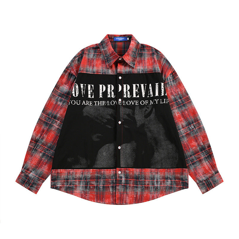 Long Sleeve Button Shirt – Plaid Patchwork Graphic Print Oversized Flannel