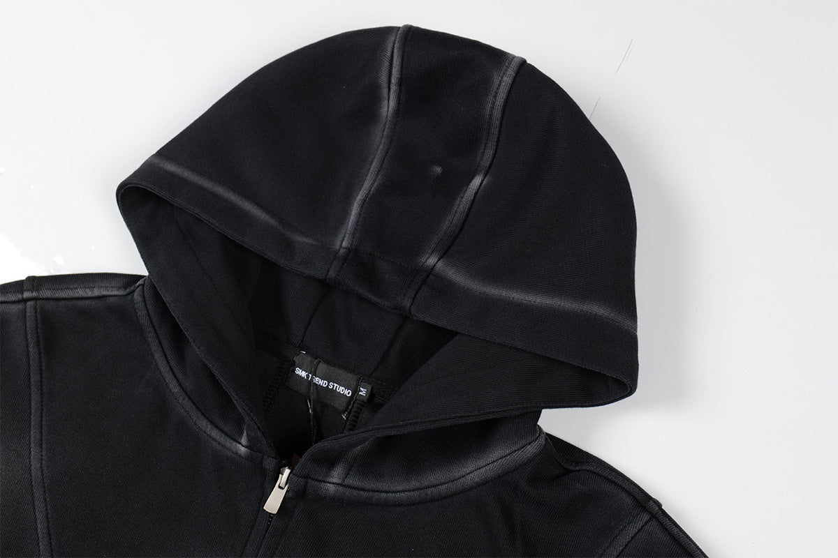 Sudadera de hombre con capucha y cremallera, paneles lavados y corte extragrande