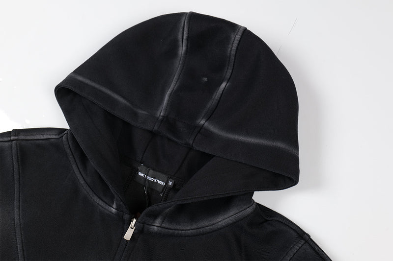 Sudadera de hombre con capucha y cremallera, paneles lavados y corte extragrande