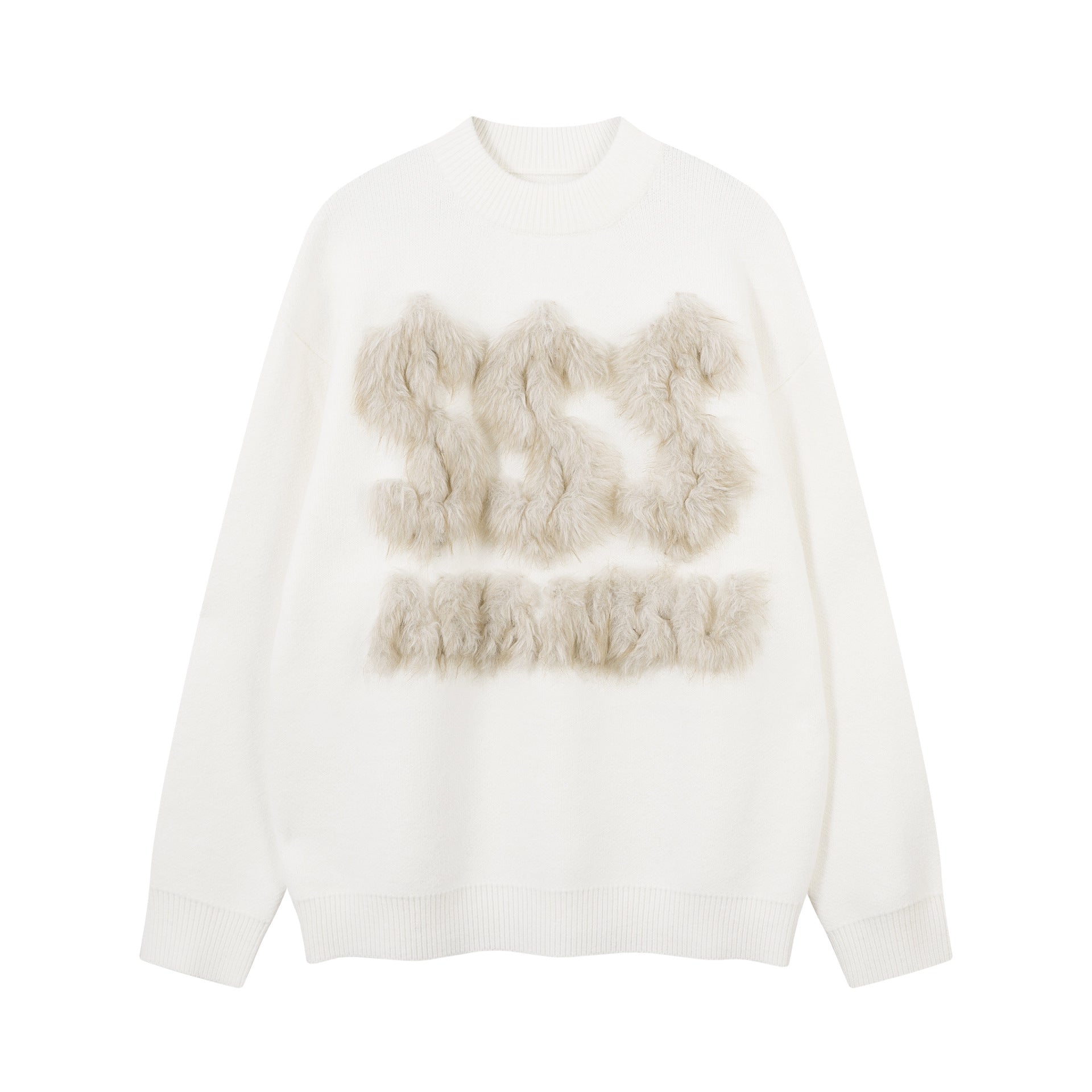 Pull gris à col rond – Maille oversize avec motif en fausse fourrure