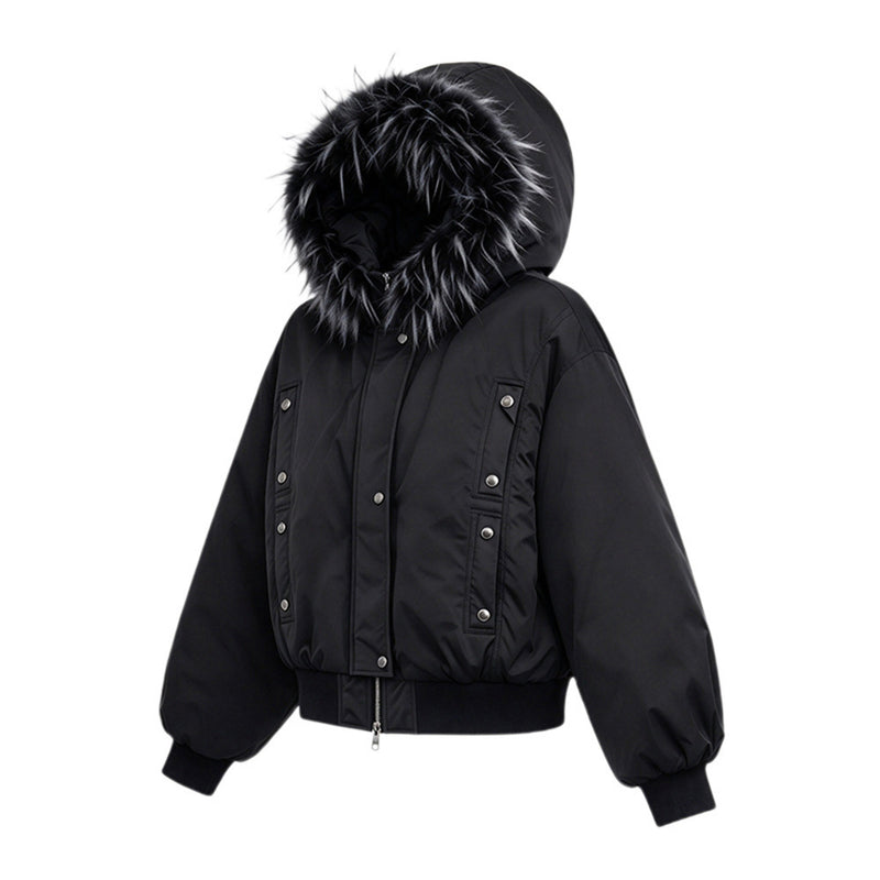Veste bomber à capuche bordée de fourrure – Manteau d’hiver à poches multiples et double fermeture zippée