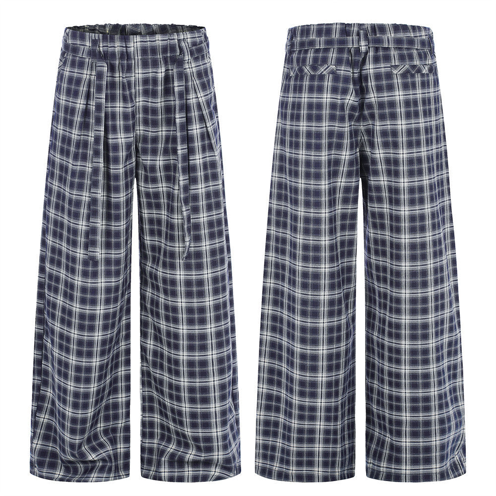 Men's navy plaid wide-leg trousers with front pleats and loose straight-cut silhouette, shown front and back