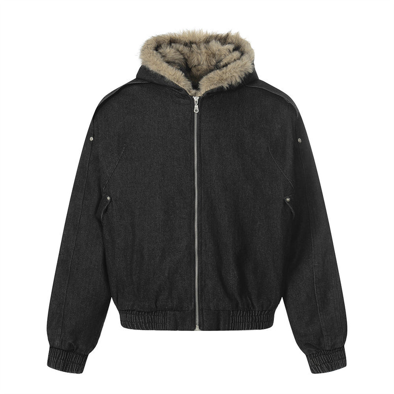 Fur-Trim Hooded Denim Bomber Jacket – Padded Winter Coat