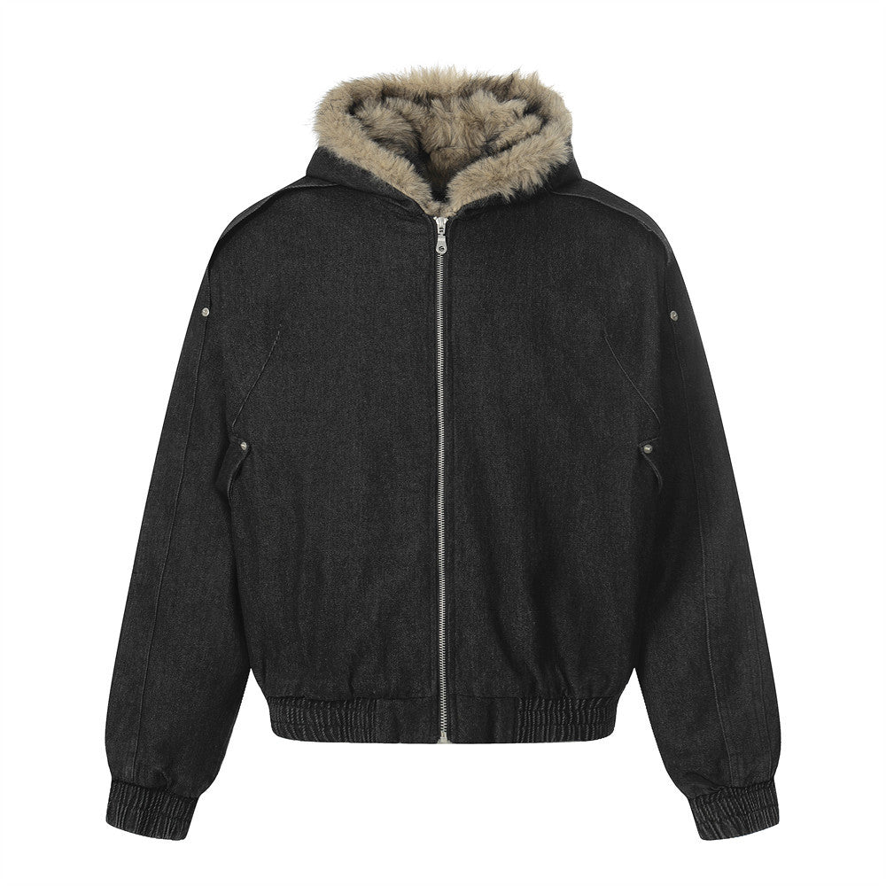 Oversized hooded denim bomber jacket with faux-fur trim hood and full-length zip in washed black colorway, front and back vie