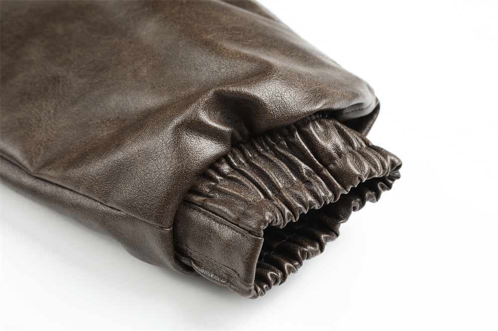 Men's Faux Leather Fur-Lined Bomber Jacket with High Collar & Asymmetric Placket