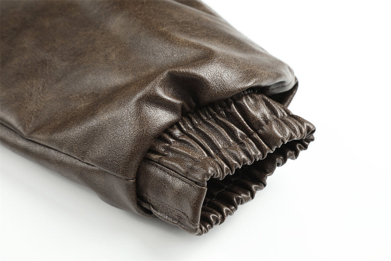 Men's Faux Leather Fur-Lined Bomber Jacket with High Collar & Asymmetric Placket