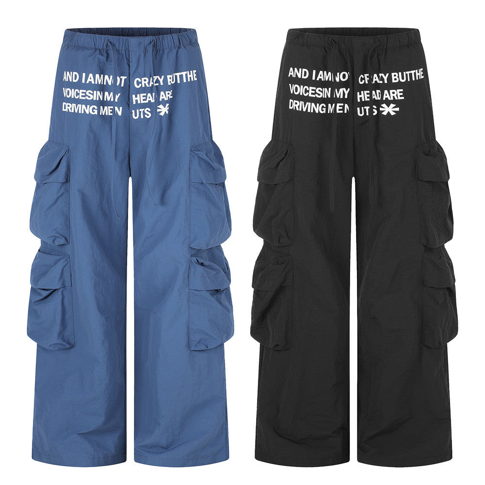 Wide-Leg Cargo Pants with Multi-Pocket Design & Letter Print Waistband