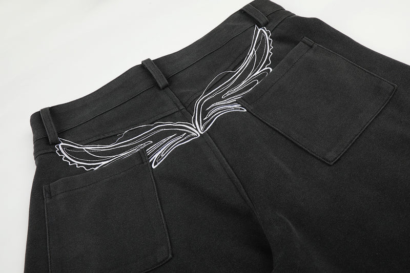Pantalon habillé à jambes larges – Coupe baggy délavée avec poches brodées et ceinture croisée