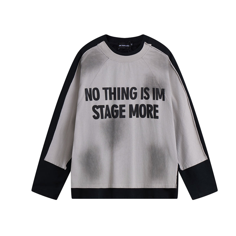 T-shirt graphique color-block à manches longues – Haut streetwear oversize bicolore délavé