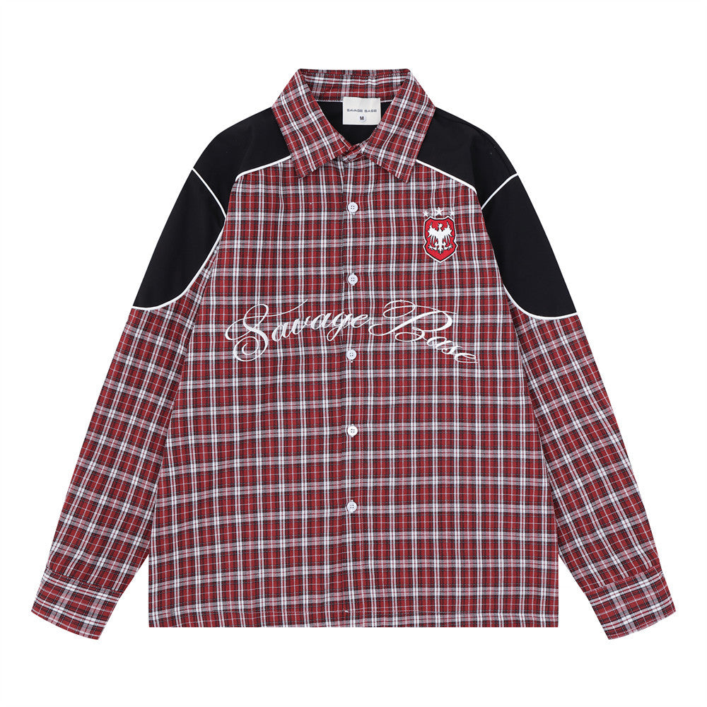 Plaid long sleeve shirt with black colorblock shoulder panels and crest embroidery, shown in dark red plaid colorway