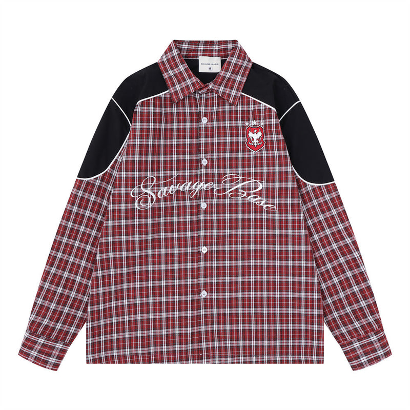Plaid long sleeve shirt with black colorblock shoulder panels and crest embroidery, shown in dark red plaid colorway