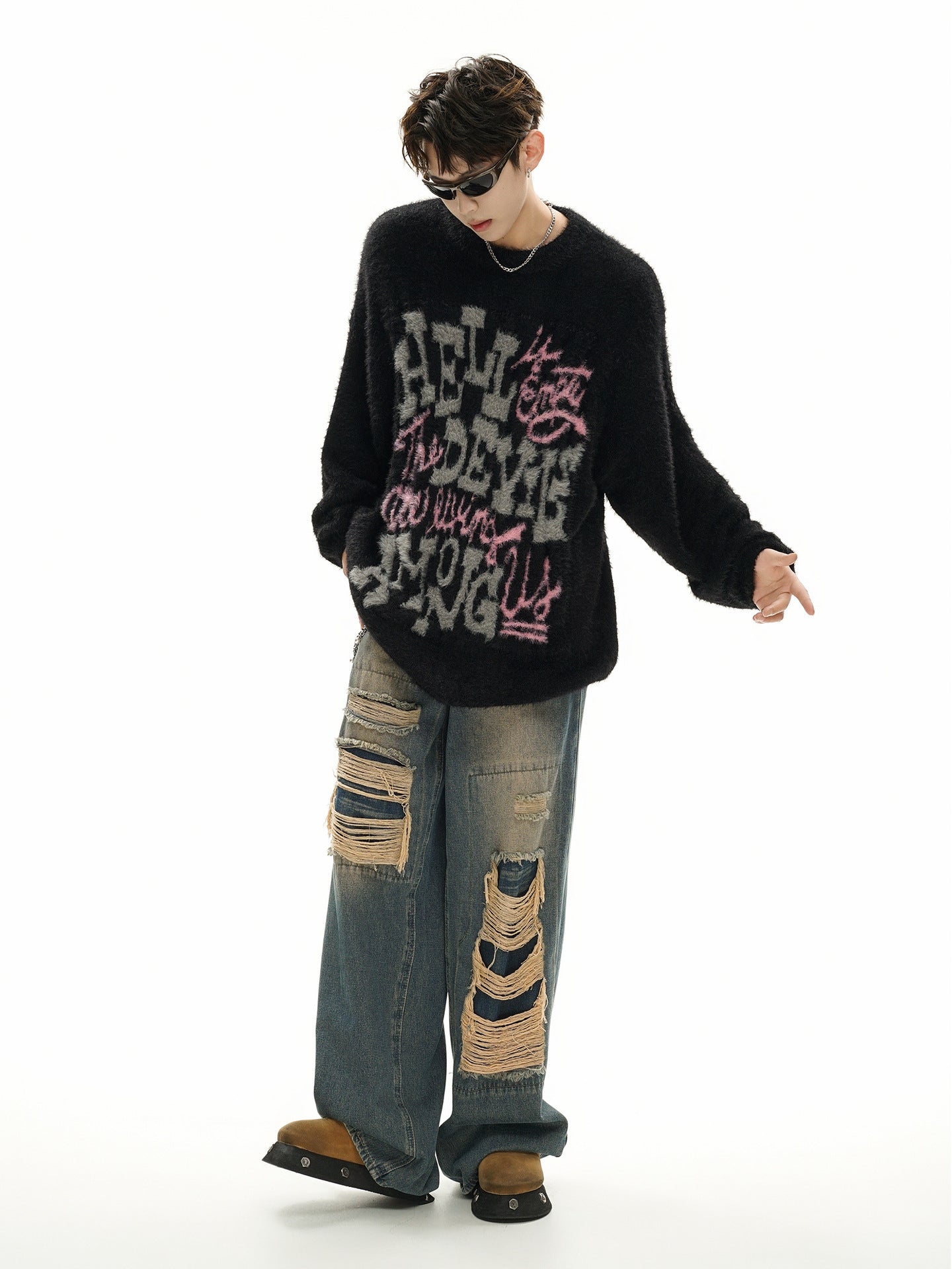 Pull oversize en maille jacquard à lettrage – Hell Is Empty, motif graffiti