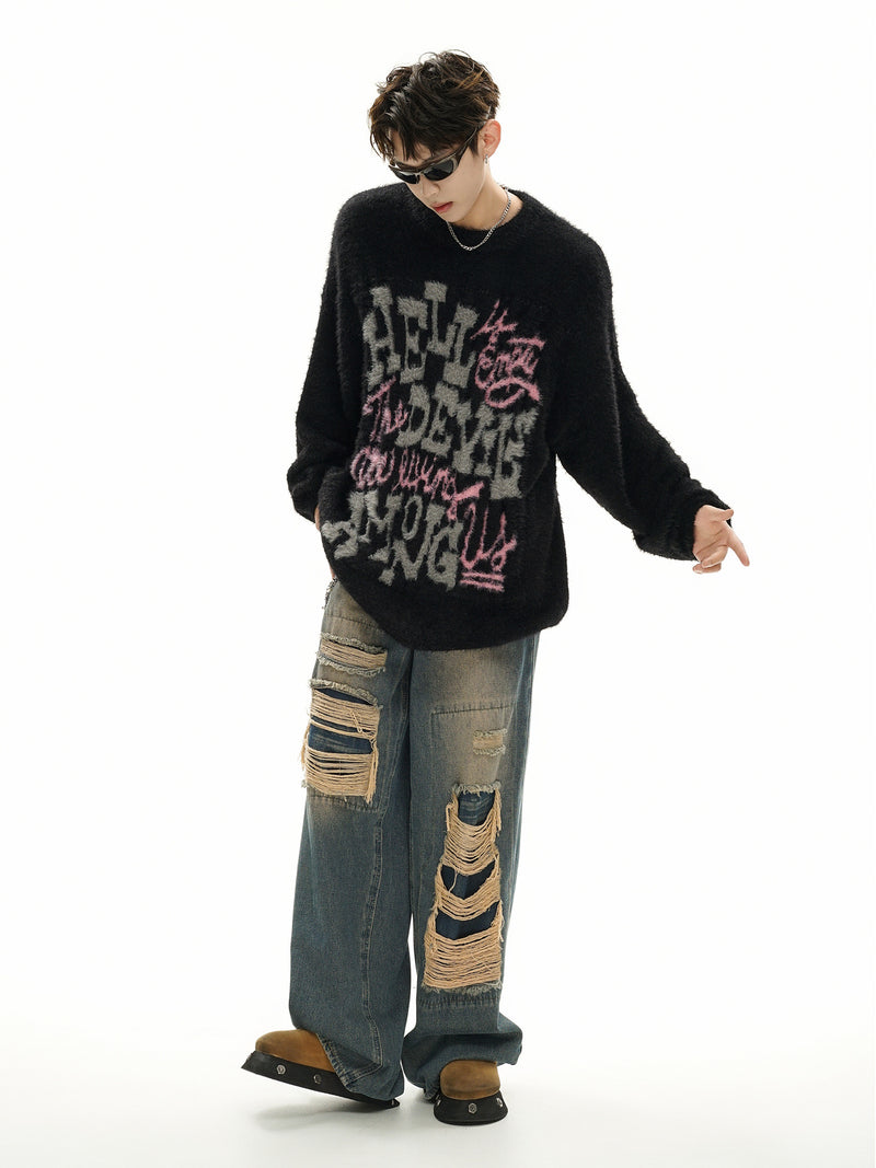 Pull oversize en maille jacquard à lettrage – Hell Is Empty, motif graffiti