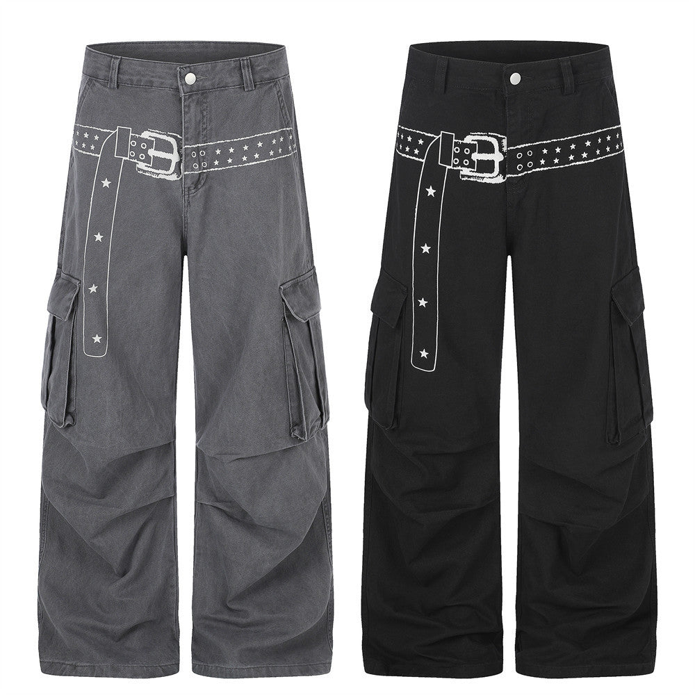 Cargo Pants for Men Wide Leg Multi-Pocket Punk Belt Print Street Style