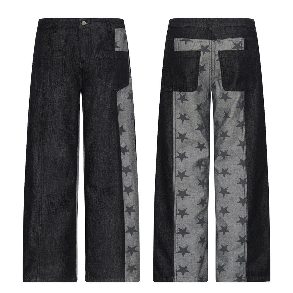 Black Baggy Jeans Men Star Print Patchwork Wide-Leg Denim Pants